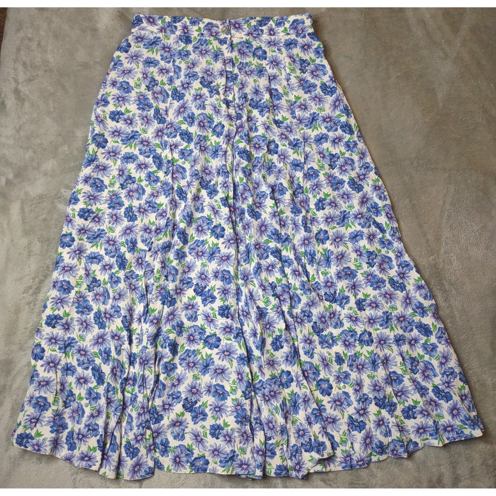 Vintage Lizsport Floral Maxi Skirt Women's Size 12 Long Flowy Blue Purple